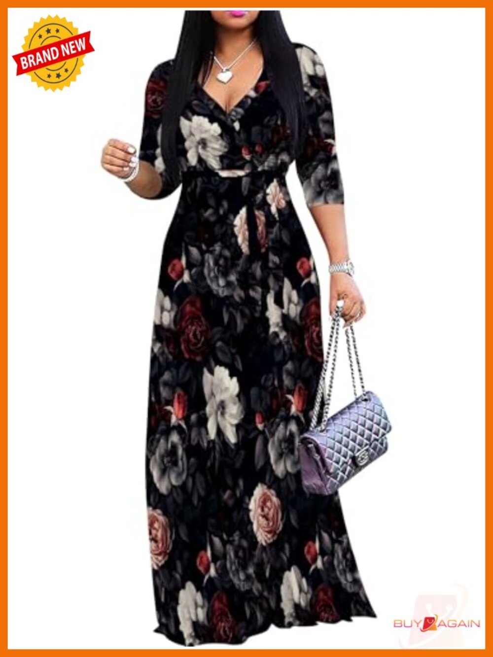 Women's Maxi Dress 3/4 Sleeve V Neck Floral Print with Belt Casual